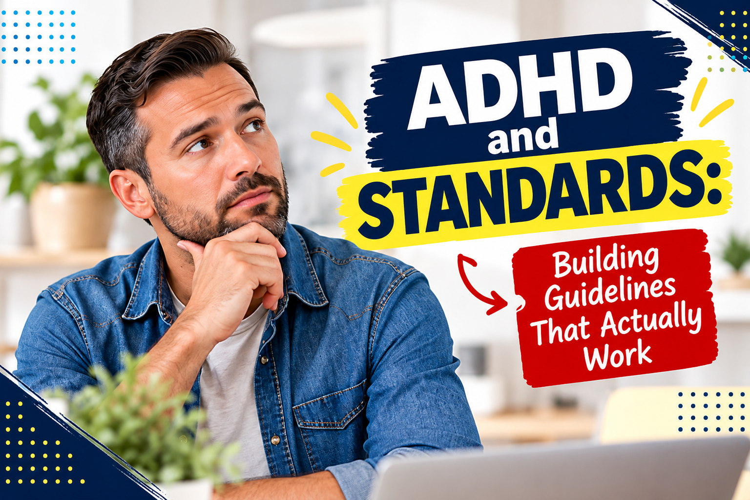 Man looking thoughtfully toward the title ADHD and Standards: Building Guidelines That Actually Work.