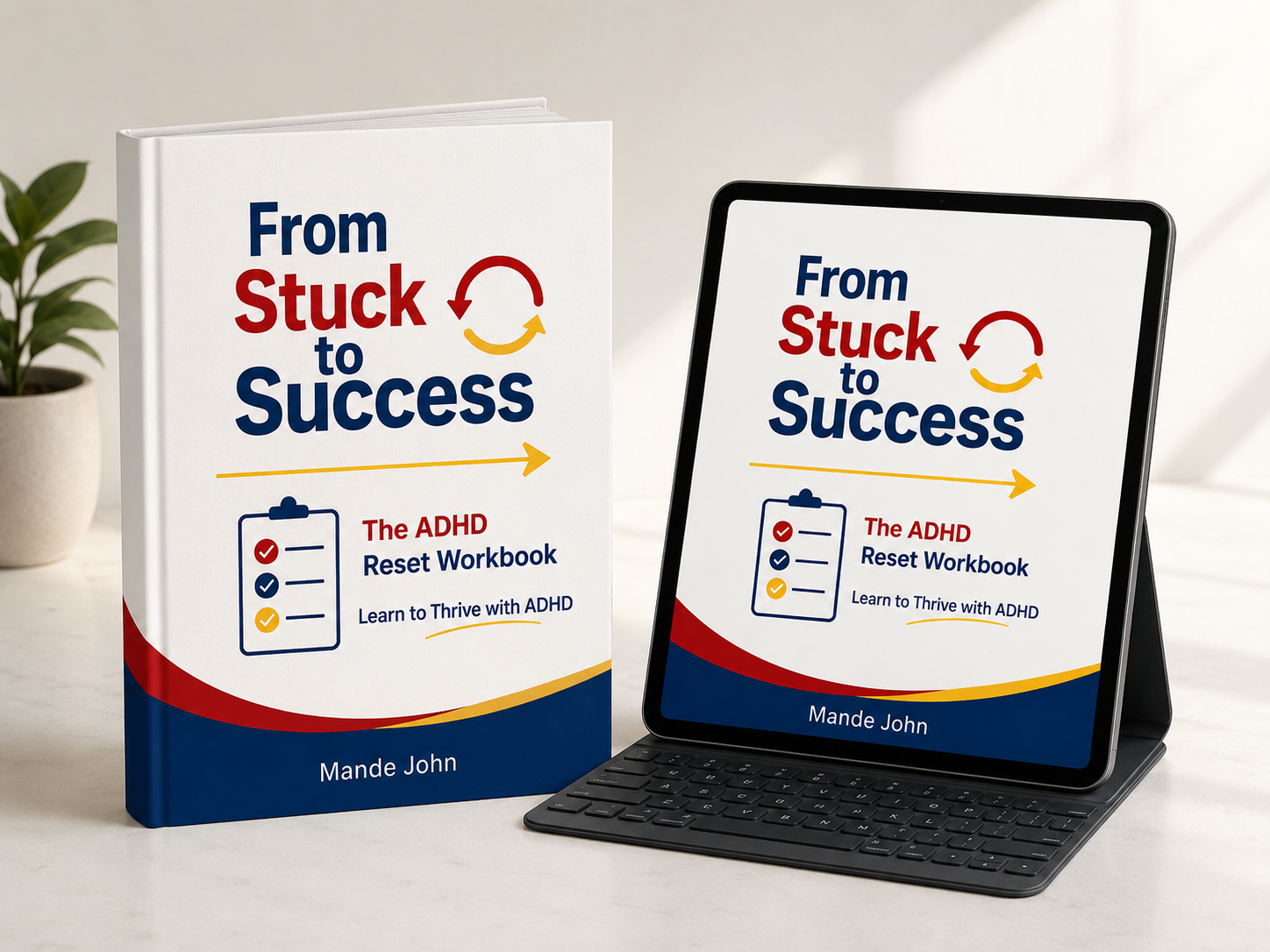 From Stuck to Success ADHD Reset Workbook mockup on a tablet and in print