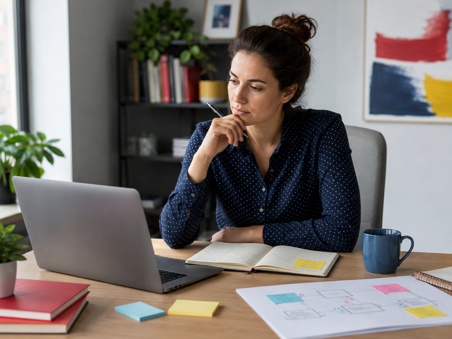 Adult reflecting at a desk with a laptop and notebook