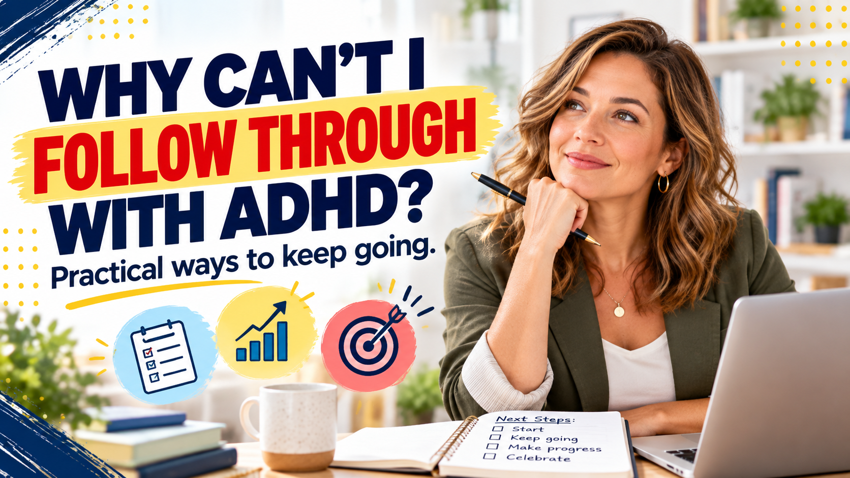 Woman at a desk with a planner and progress icons, illustrating ADHD follow-through and practical ways to keep going.