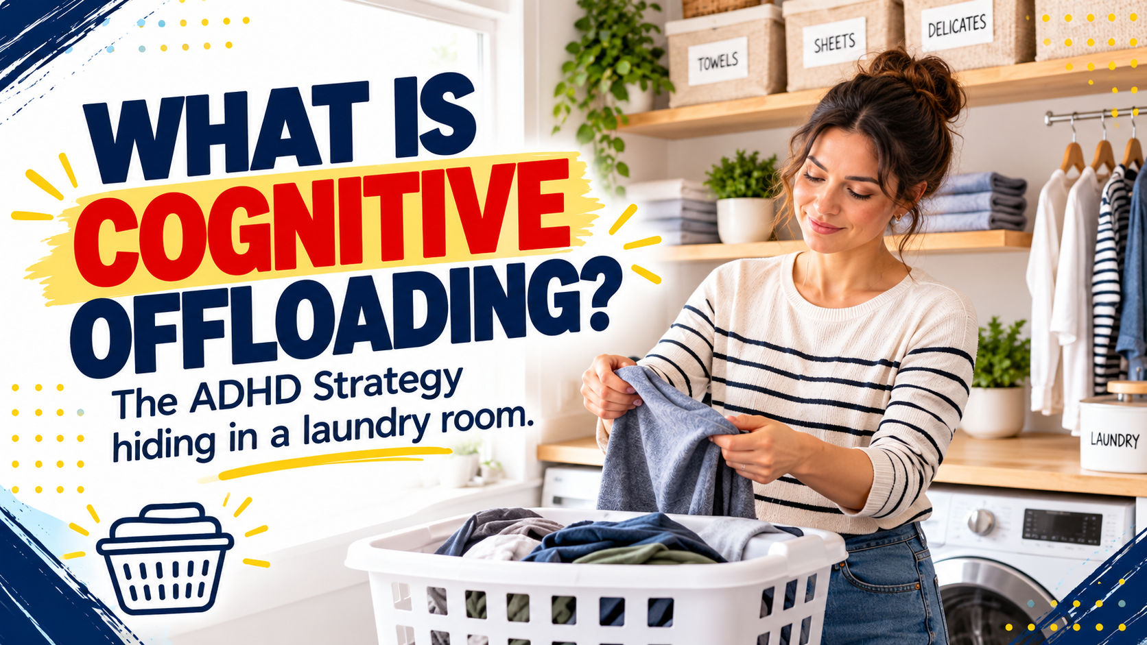 Woman folding laundry in an organized laundry room, illustrating cognitive offloading as an ADHD strategy.