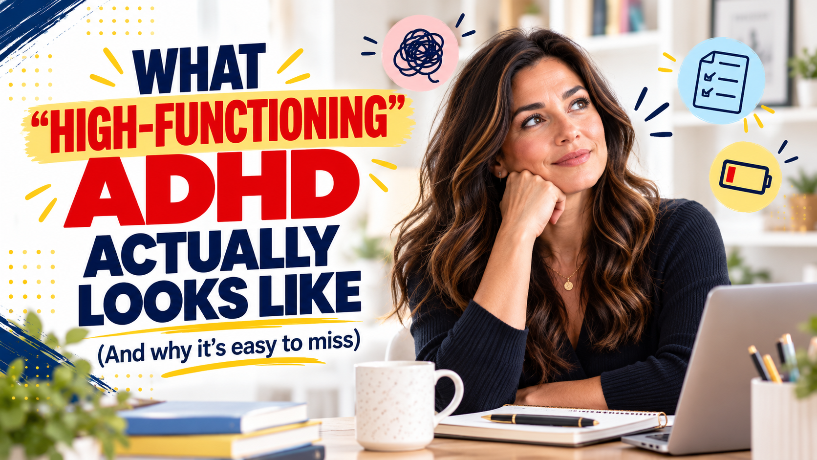 Woman at a desk with ADHD-themed icons, illustrating what high-functioning ADHD can look like and why it may be easy to miss.