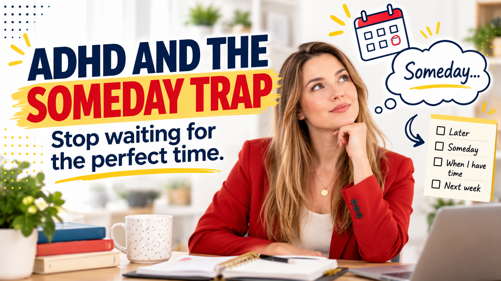 Woman thinking at a desk with a someday checklist, illustrating the ADHD someday trap and waiting for the perfect time.