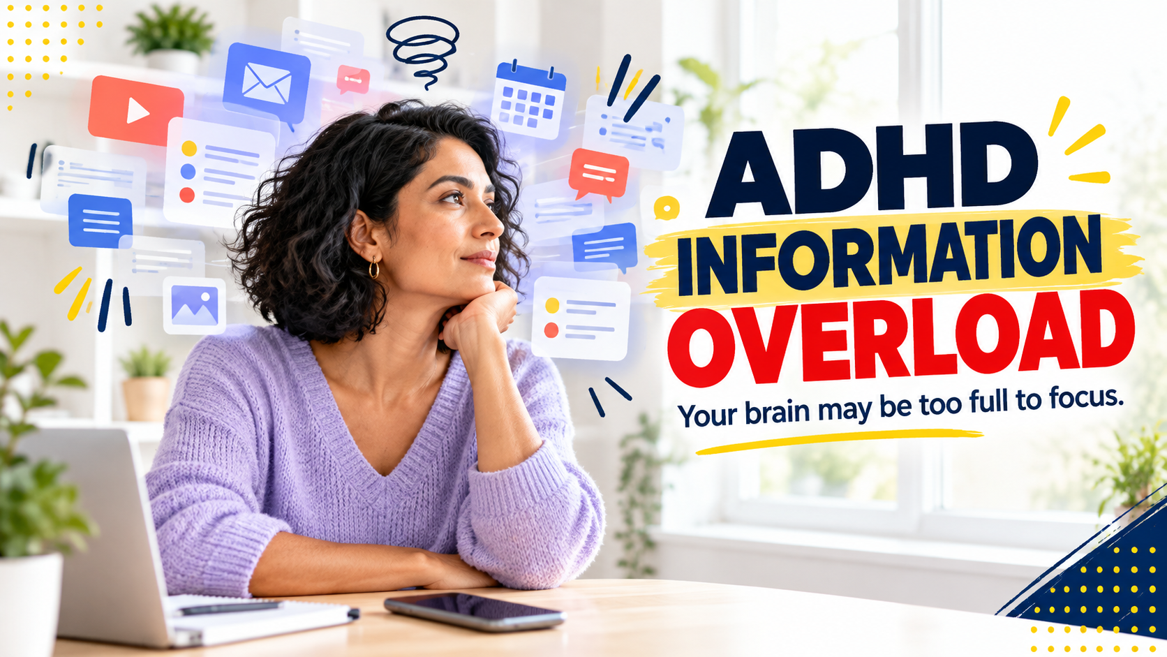Woman surrounded by digital information and notifications, illustrating ADHD information overload and difficulty focusing.