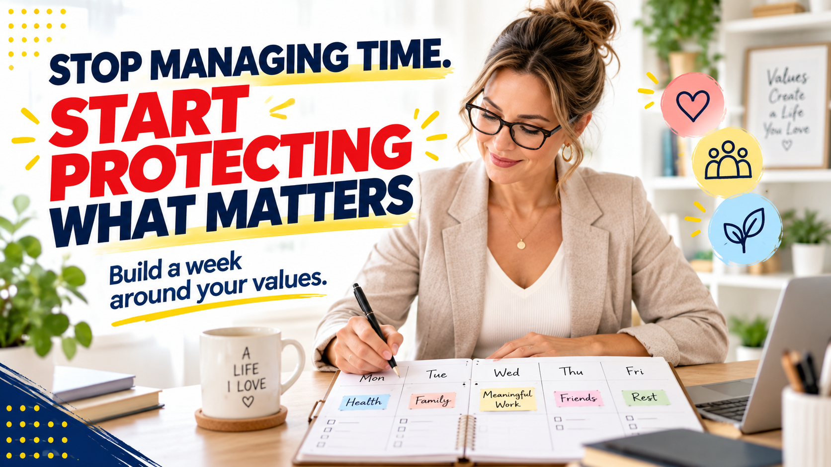 Woman planning her week around priorities and values, illustrating protecting what matters instead of only managing time.