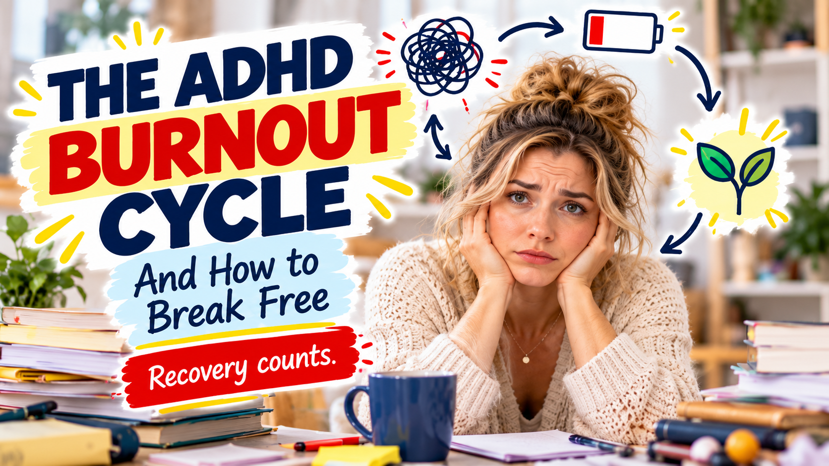 The ADHD burnout cycle and how to break free, with recovery-focused imagery.