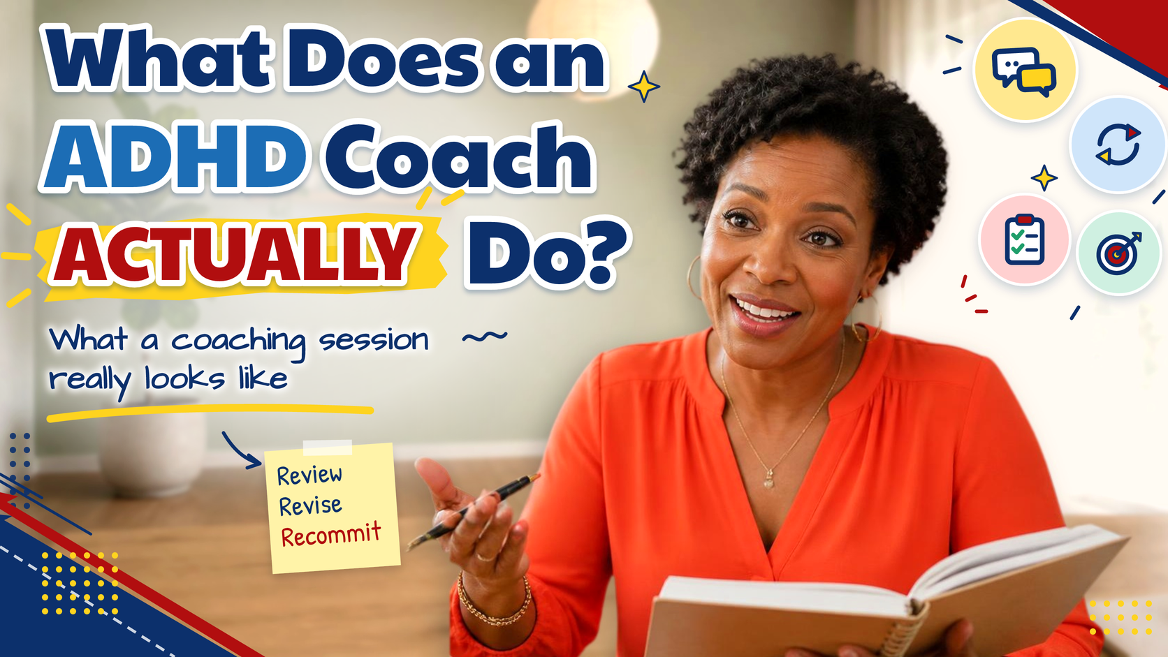 A smiling woman with short curly hair in a coral blouse holds a notebook and pen mid-conversation at a desk in a bright, minimal office, next to the headline "What Does an ADHD Coach Actually Do?"