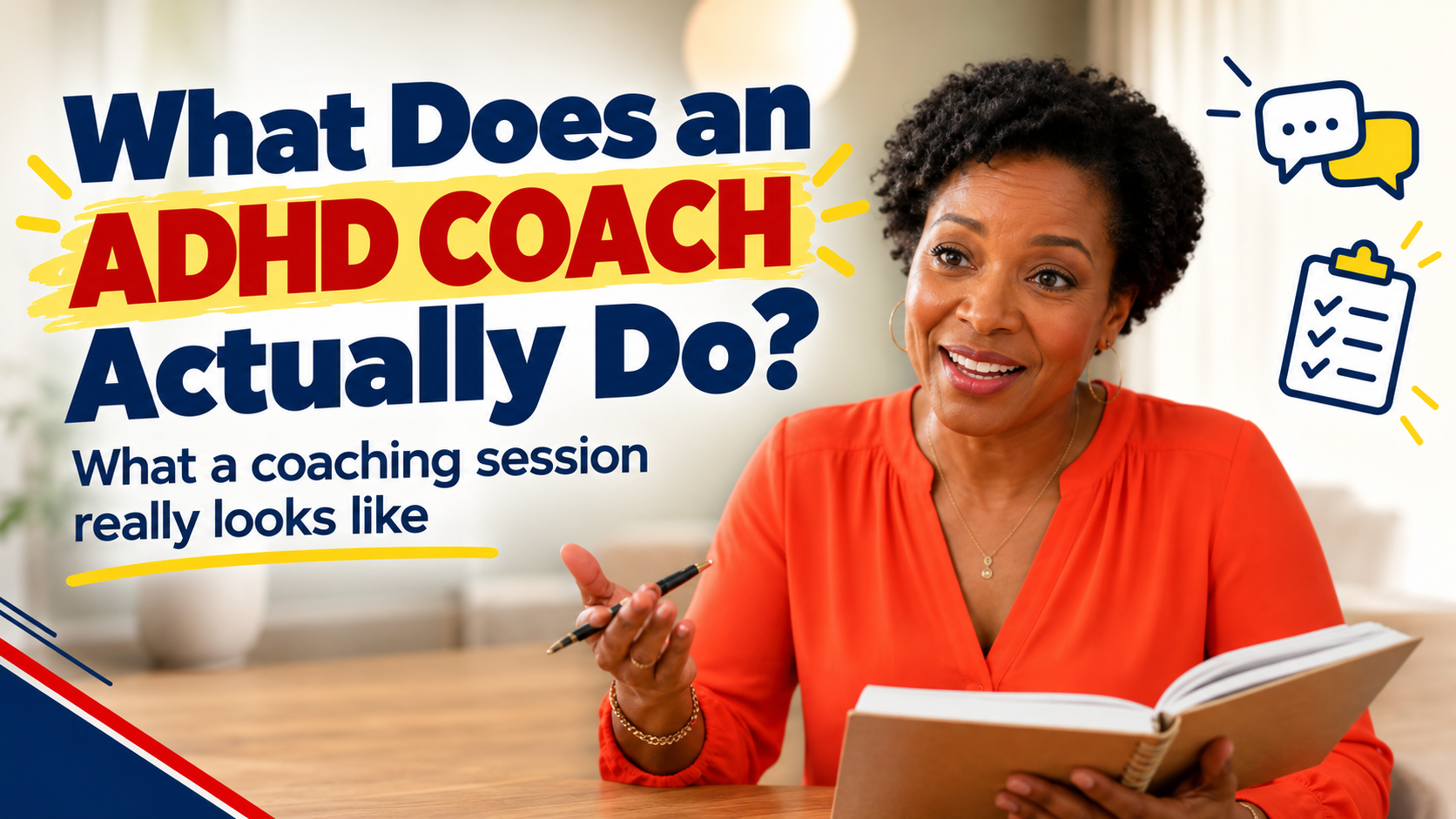 A smiling woman with short curly hair in a coral blouse holds a pen and an open notebook mid-conversation at a table, next to the headline "What Does an ADHD Coach Actually Do? What a coaching session really looks like"