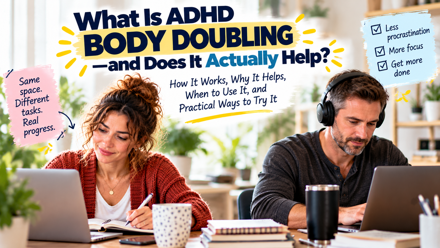 Two adults working independently side by side, illustrating ADHD body doubling for focus and task follow-through.