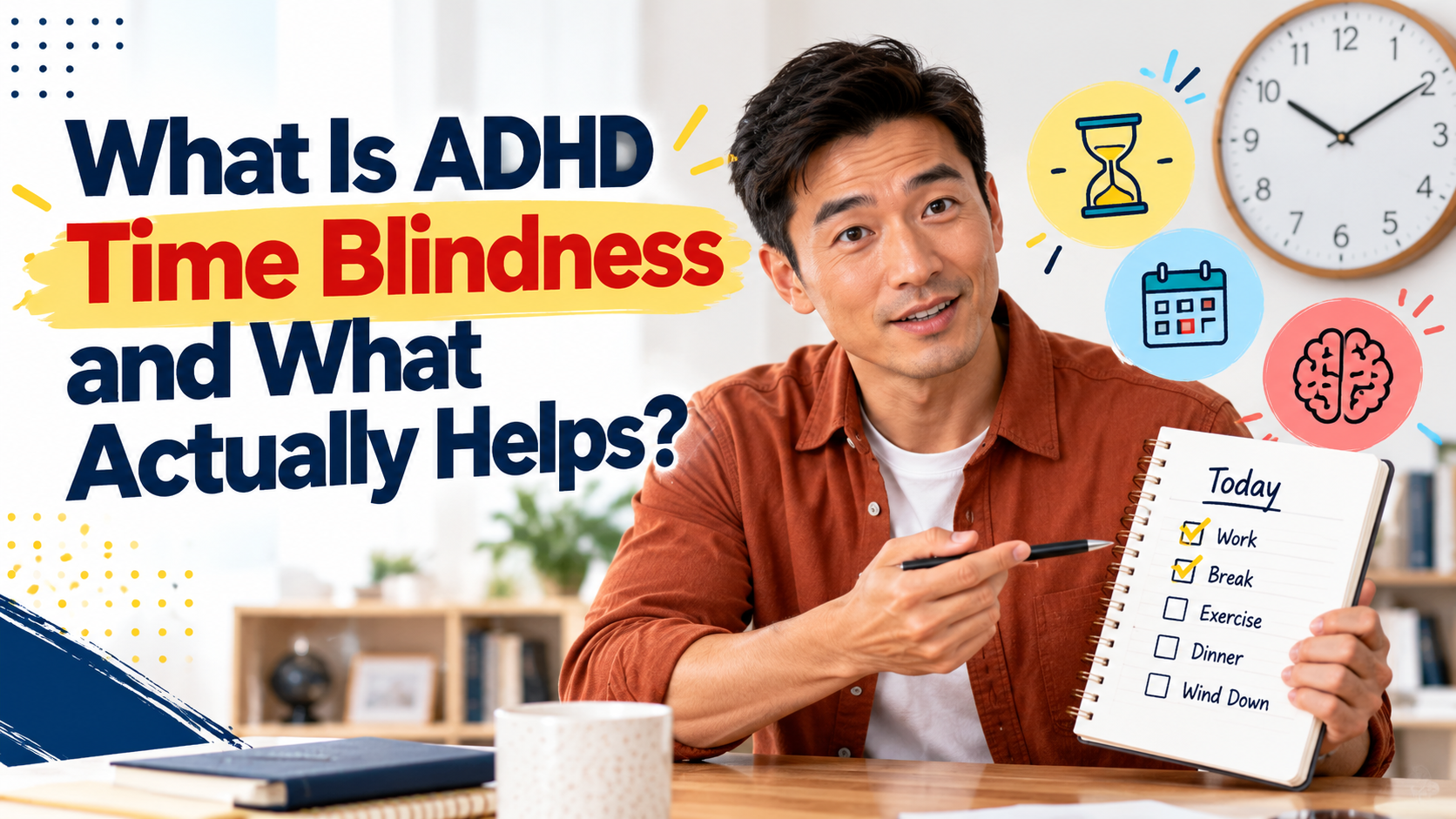 Man holding a planner beside a clock, illustrating ADHD time blindness.