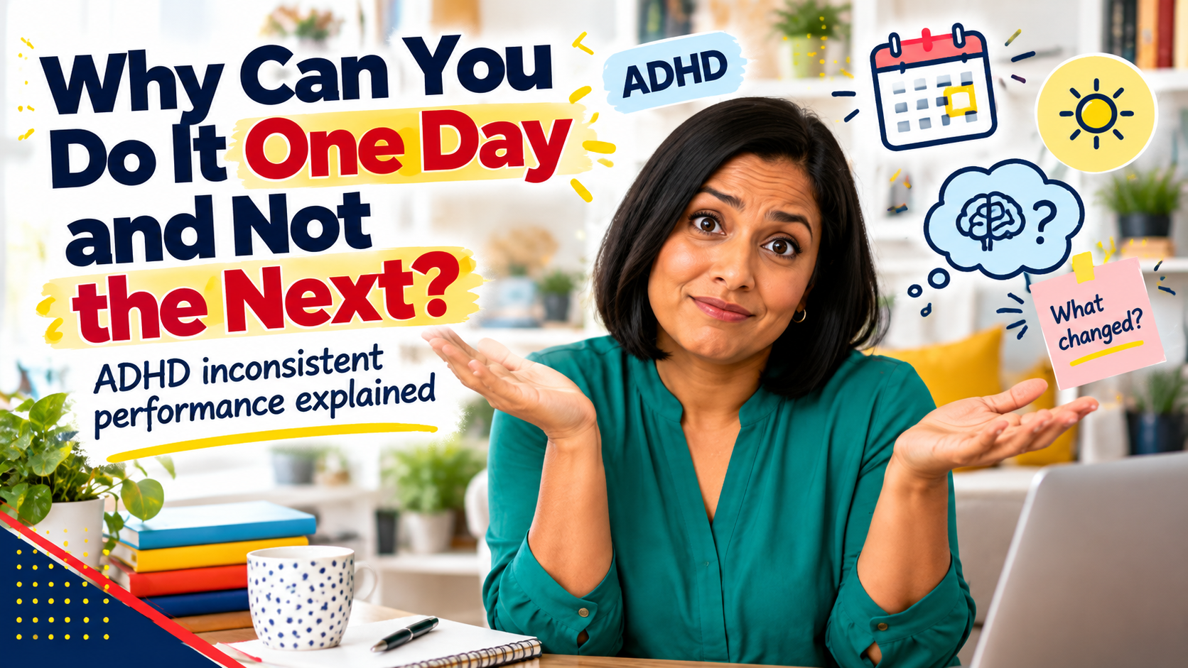 A woman in a teal blouse shrugs with a puzzled look at a bright home-office desk, next to the headline "Why Can You Do It One Day and Not the Next?" and the subtitle "ADHD inconsistent performance explained"