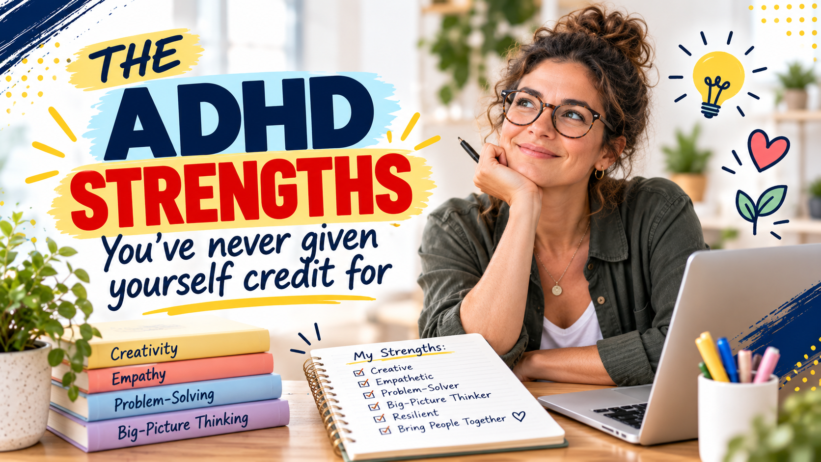 Woman at a desk with a strengths checklist and colorful books, illustrating often-overlooked ADHD strengths.