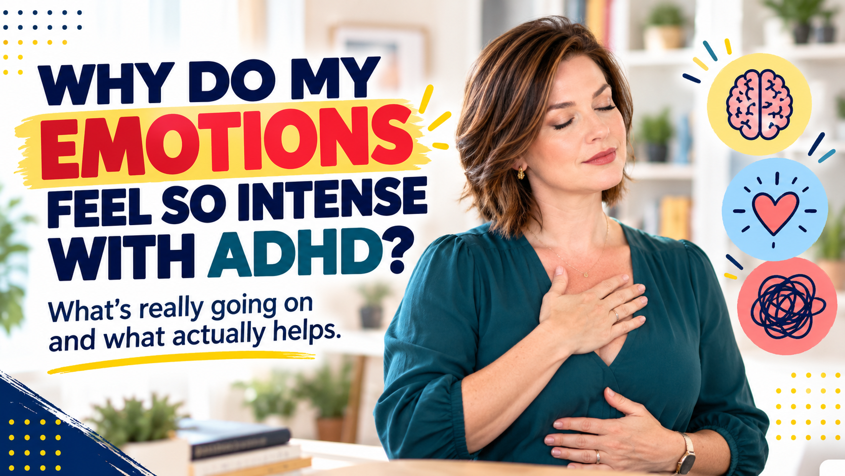 Woman seated calmly in a bright home office, illustrating intense emotions and emotional regulation with ADHD.